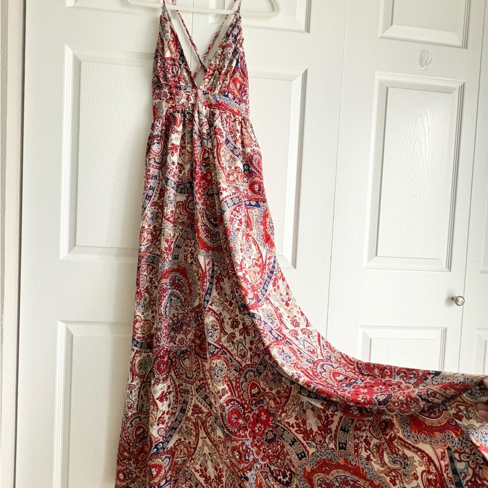 Bohemian Paisley Maxi Dress Size Medium Crisscross Back Summer Beach Hawaiian 🌺